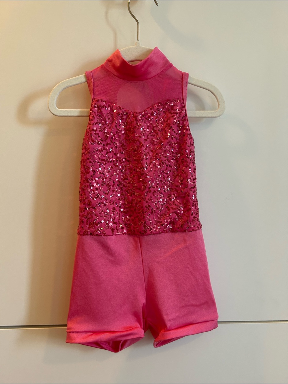 Weissman Hot Pink Sequin High-Neck Dance Romper - XSC
